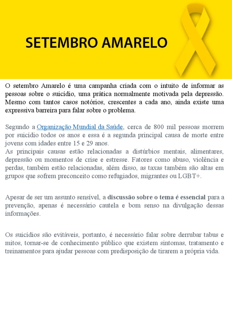 Reflexão sobre Setembro Amarelo | PDF | Suicídio | Depressão