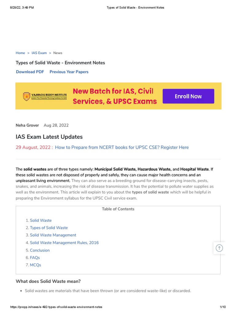 IAS Exam Latest Updates: Types of Solid Waste - Environment Notes | PDF