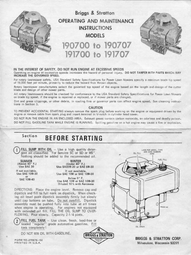 B&s 8hp Engine 190700190707 Op Manual PDF Lawn Mower Carburetor