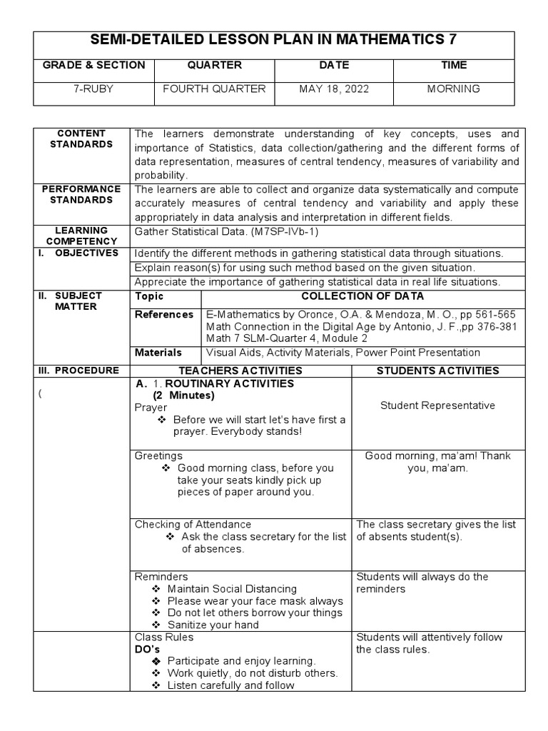 Grade 7 Statistics Lesson Plan | PDF | Teaching Method | Statistics
