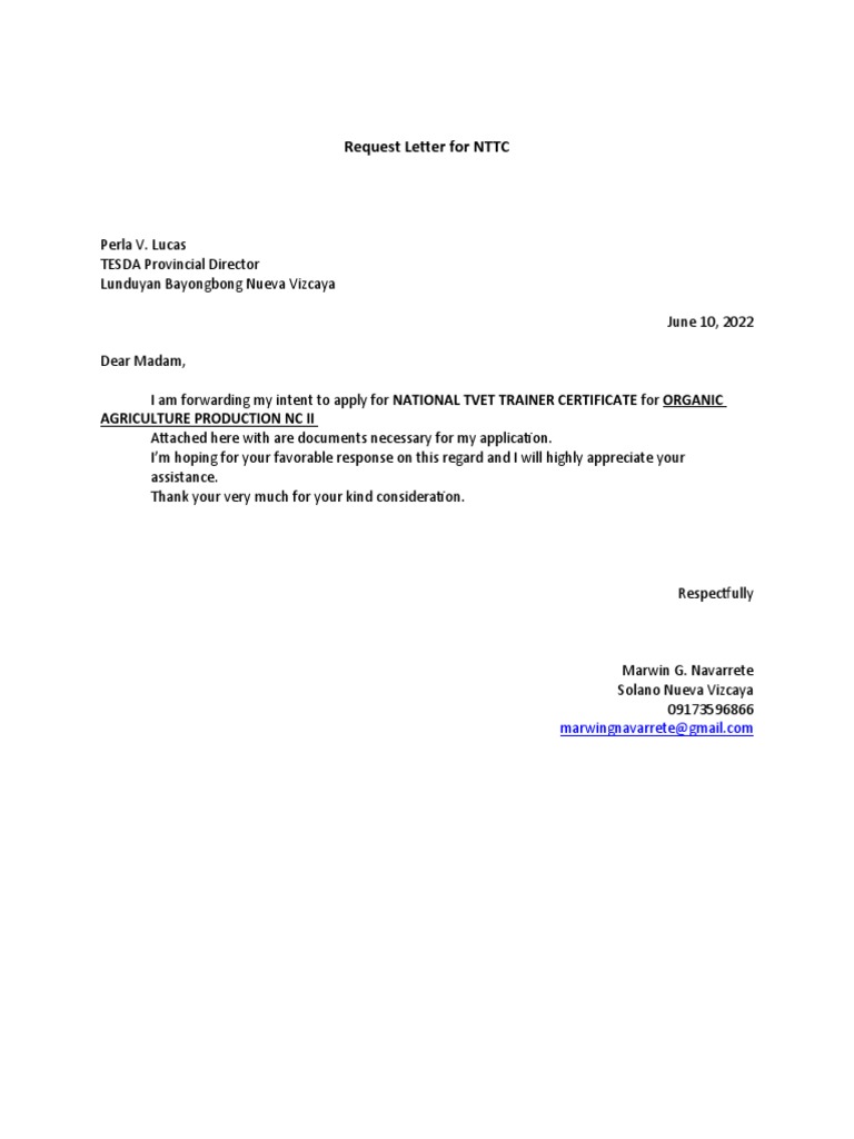 Request Letter for NTTC PDF