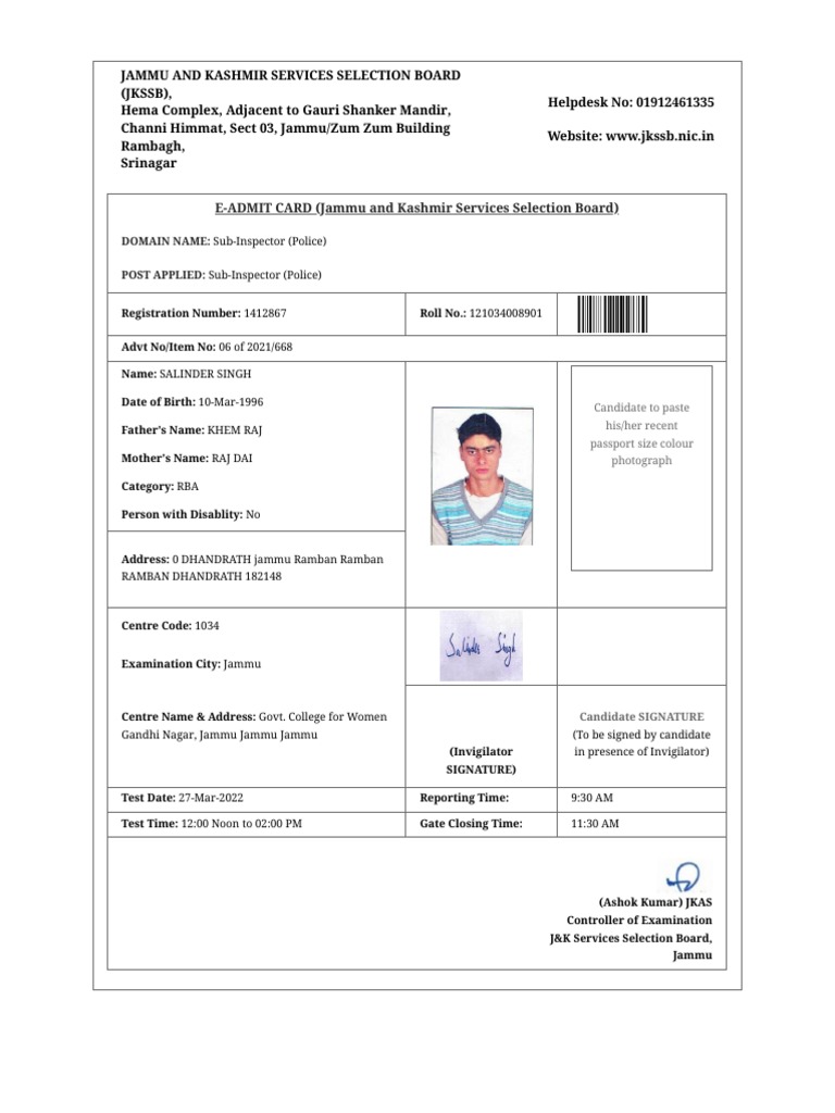 JKSSB Sub-Inspector Admit Card Details | PDF | Test (Assessment)