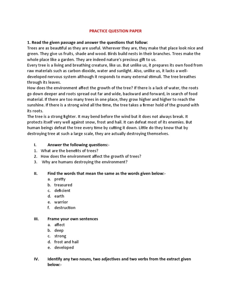 Practice Question Paper Grade 8 Lang PDF Trees Root