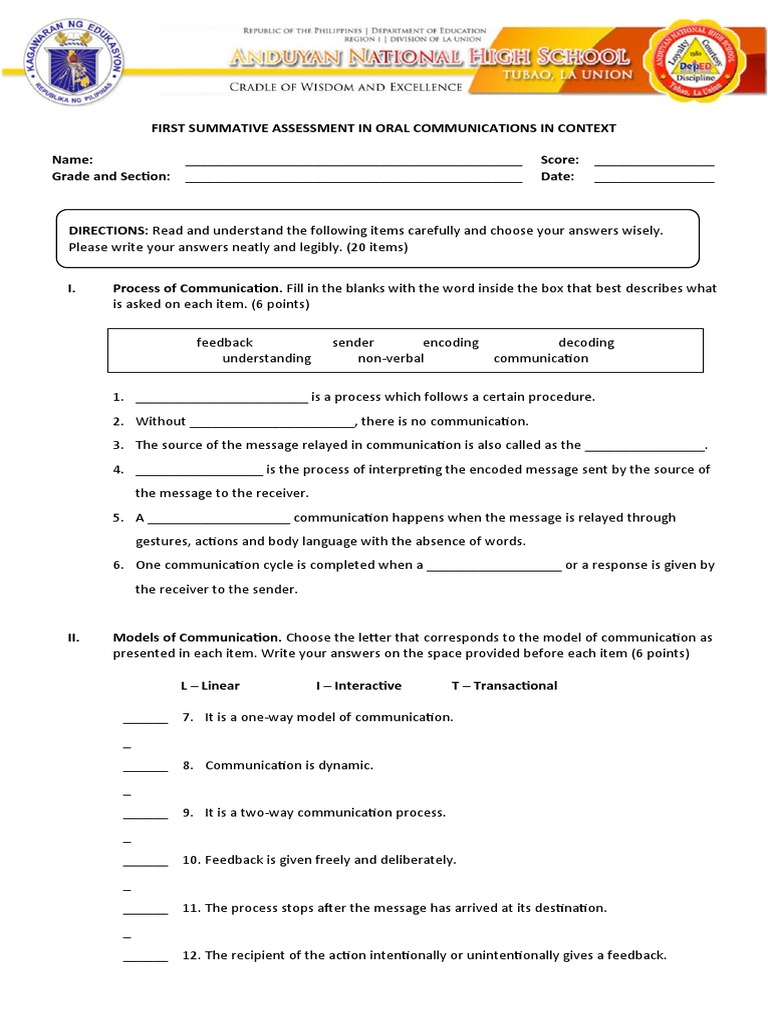Oral Communication in Context Summative Assessment Quarter 1 | PDF ...
