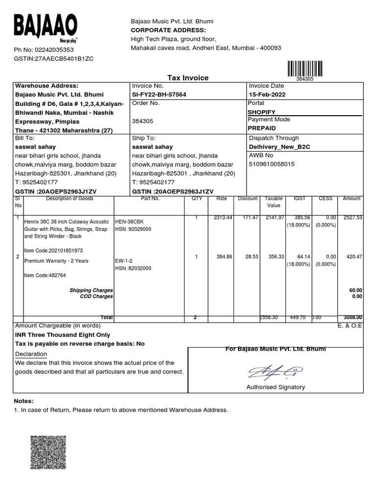 Tax Invoice Shipping Charges COD Charges PDF Taxes Government Finances