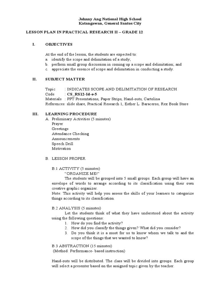 Lesson Plan: Scope and Delimitation | PDF | Lesson Plan | Learning