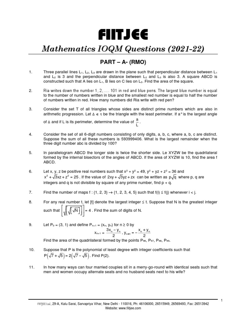 M a t h e m a t i c s i o q m q u e s t i o n s 2 0 2 1 2 2 pdf