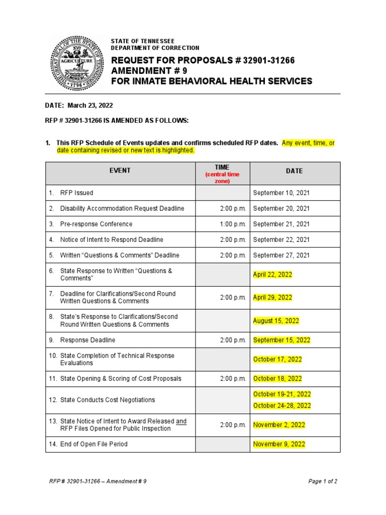 Amendment 9 RFP 32901-31266 | PDF | Request For Proposal