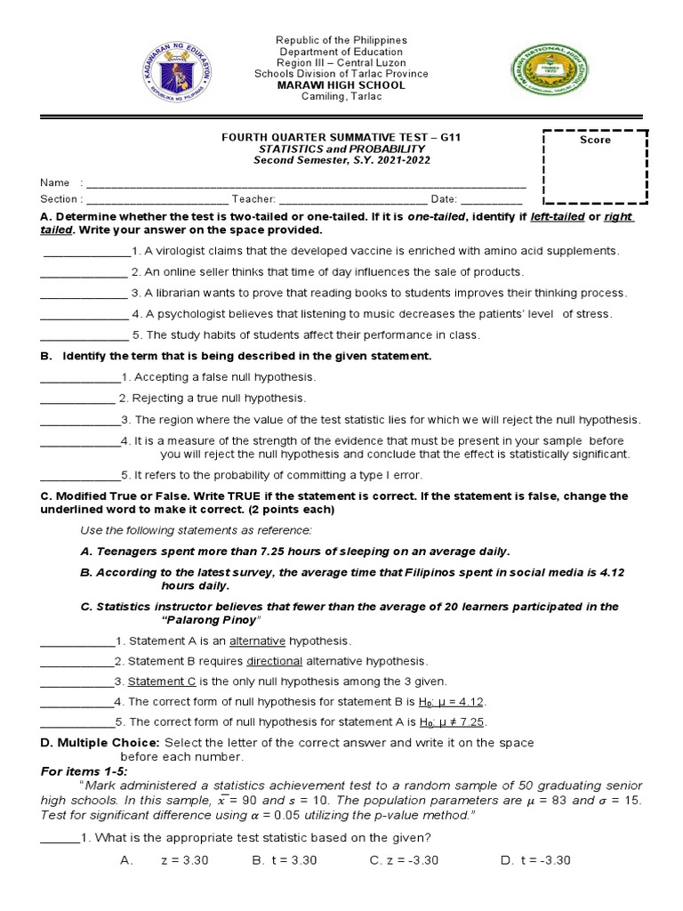 G11 Statistics and Probability Test Guide | PDF | Statistical ...