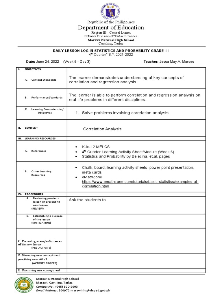 Grade 11 Statistics Lesson Plan | PDF | Learning | Statistics