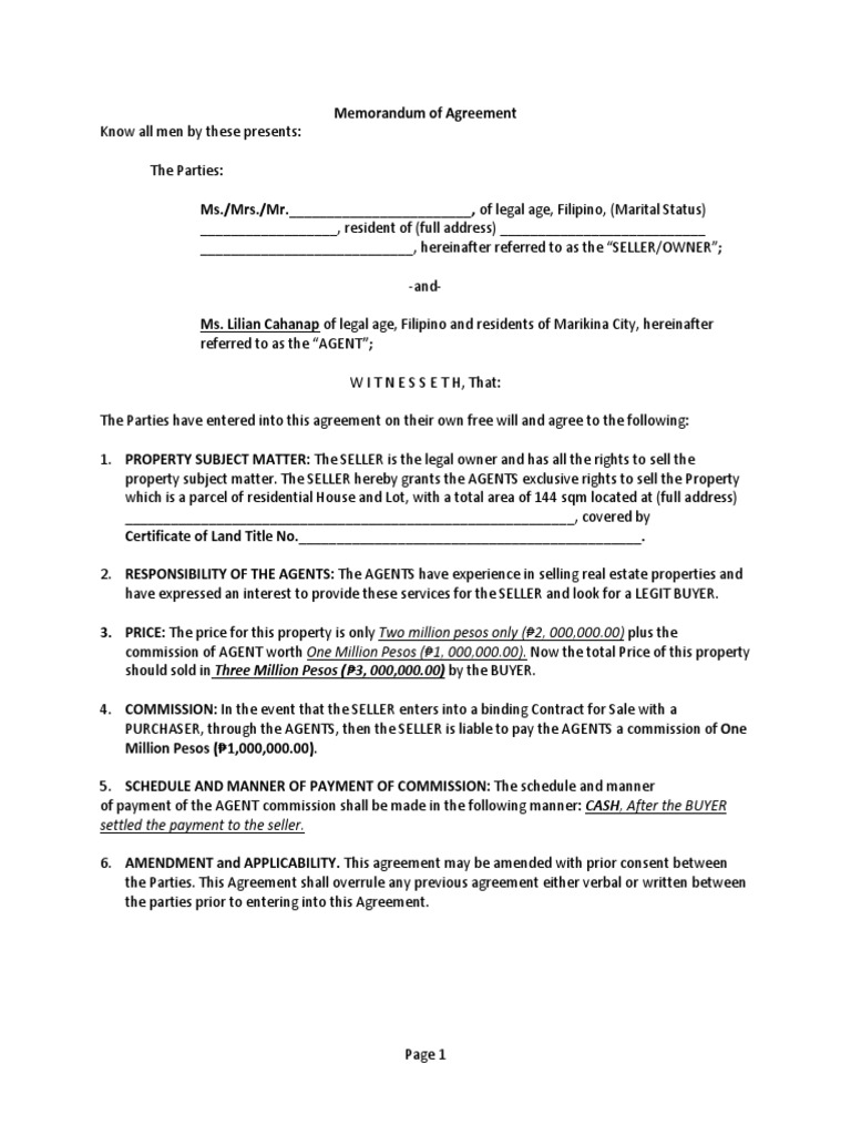 Memorandum of Agreement Seller and Agent PDF Sales Prices