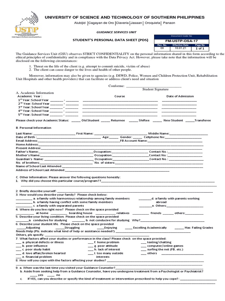 Student Personal Data Sheet (PDS) | PDF | Confidentiality | Psychology