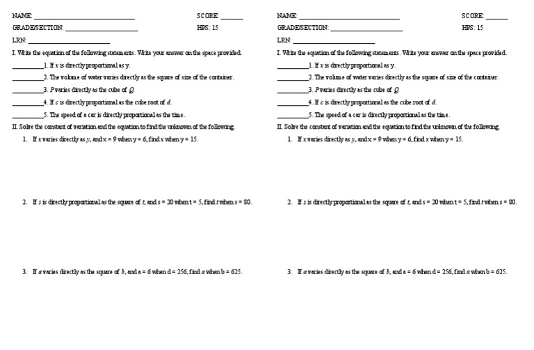 Direct Variation Activtiy | PDF | Language Arts & Discipline | Teaching ...