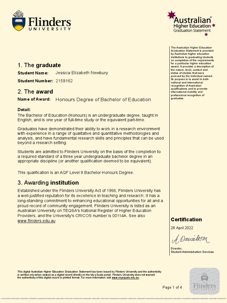 Bed Hons Australian Higher Education Graduation Statement PDF