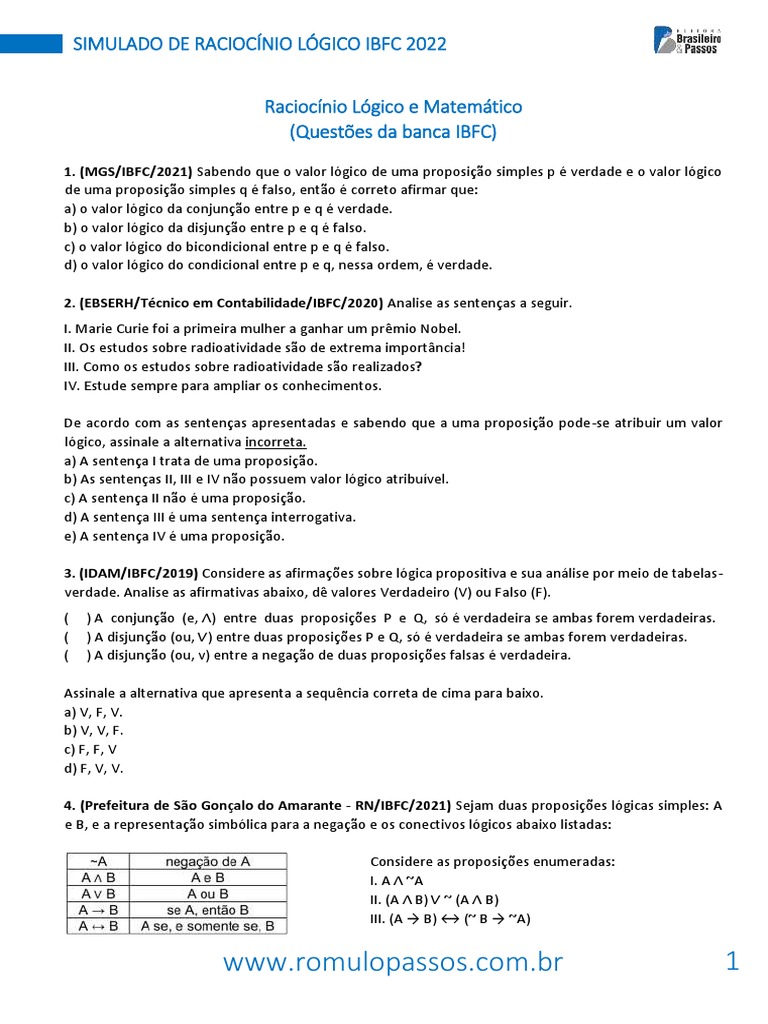 Simulado de Raciocínio Lógico IBFC 2022 | PDF | Raciocínio dedutivo ...