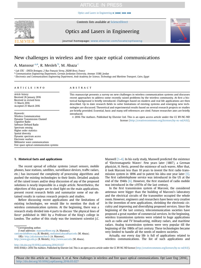 Optics and Lasers in Engineering A. Mansour, R. Mesleh, M. Abaza