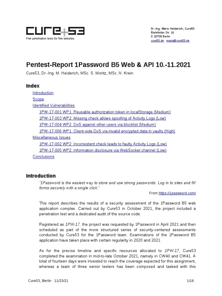 Pentest Report 1password b5 2021 PDF Denial Of Service Attack