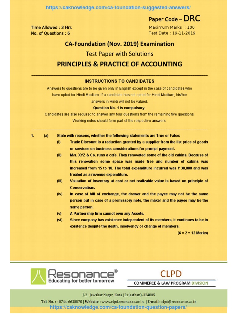CA Foundation Accounting Suggested Answers Nov 2019 PDF Debits And