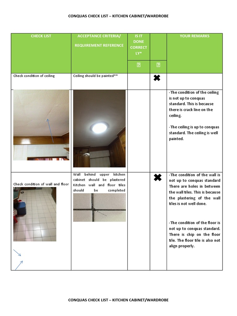 CONQUAS Checklist for Kitchen Cabinets | PDF | Cabinetry | Countertop