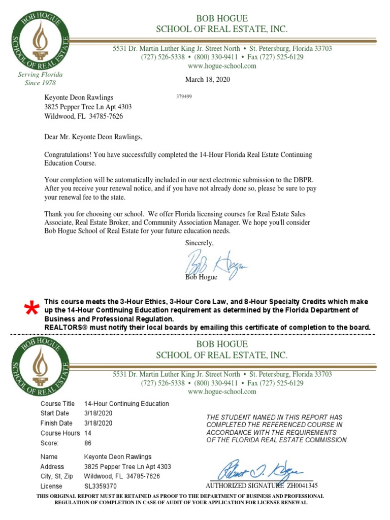 Bob Hogue School of Real Estate, Inc. Serving Florida Since 1978 PDF