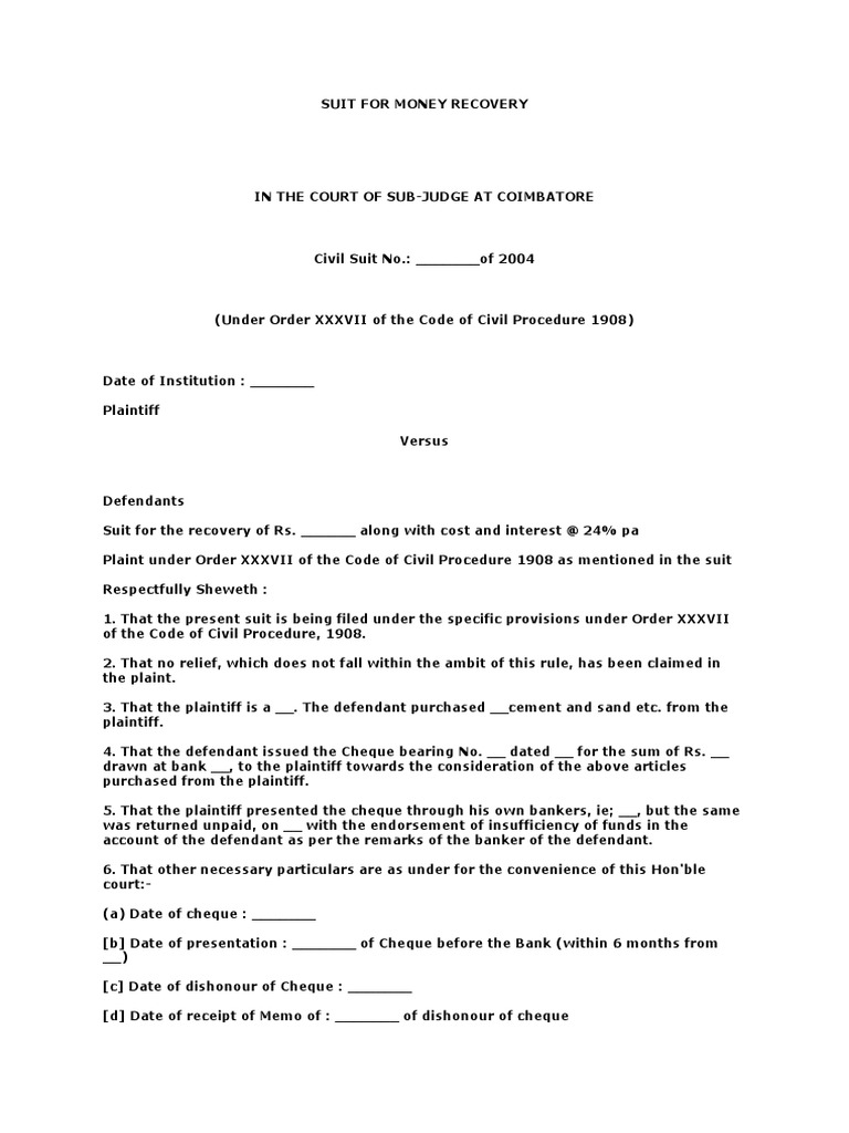 Suit For Money Recovery Pdf Lawsuit Cheque