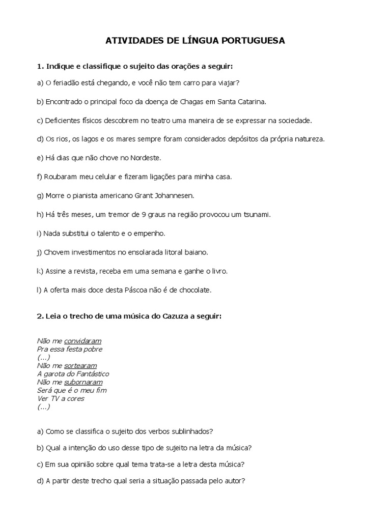 Exercicios Tipos de Sujeitos, PDF, Assunto (gramática)