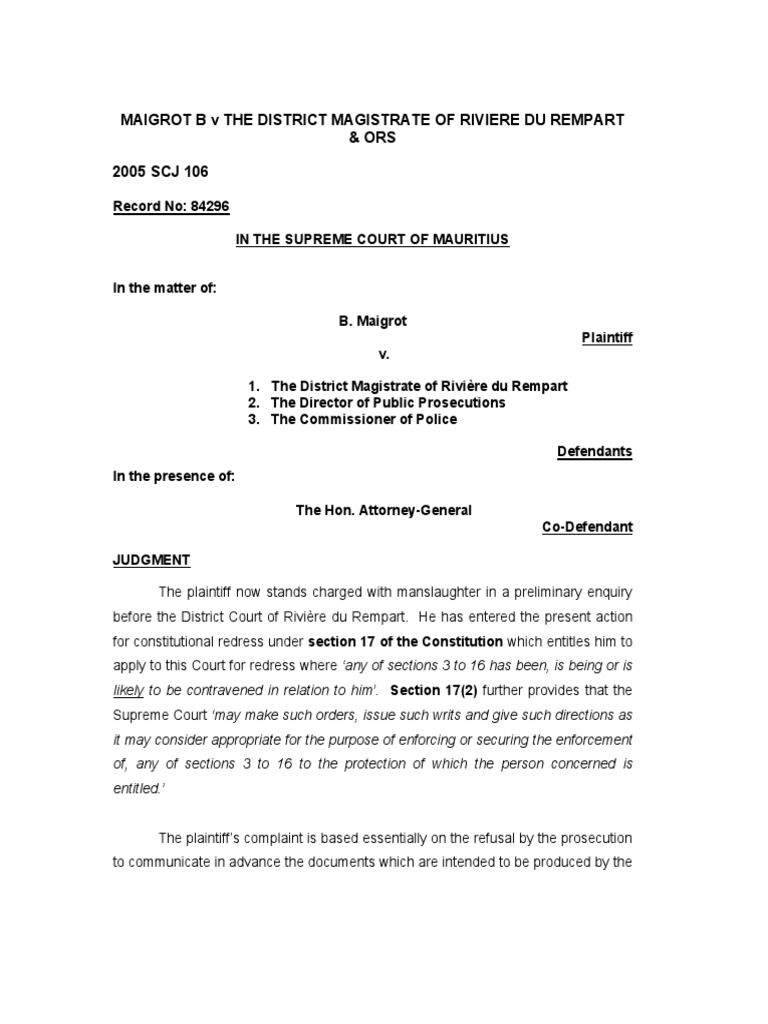 Maigrot B V District Magistrate Riviere Du Rempart PDF Trials