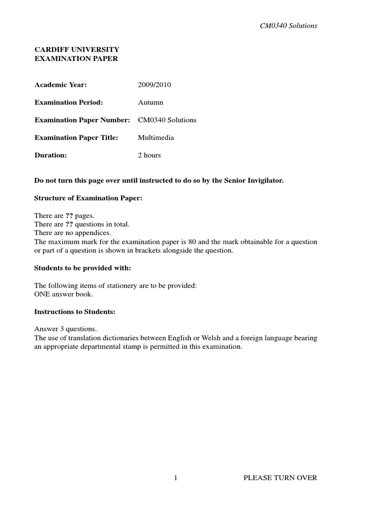 CM0340 Multimedia Exam Solutions | PDF | Data Compression | Video