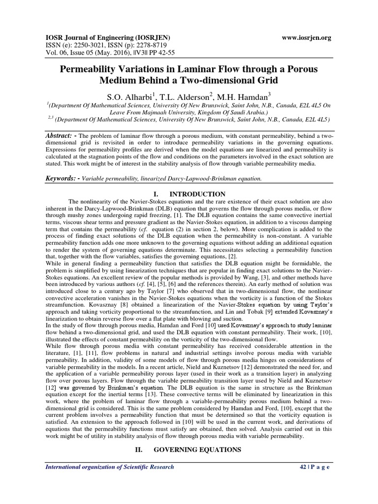 Permeability Variations in Laminar Flow Through A Porous Medium Bhind Two Dimensional Grid