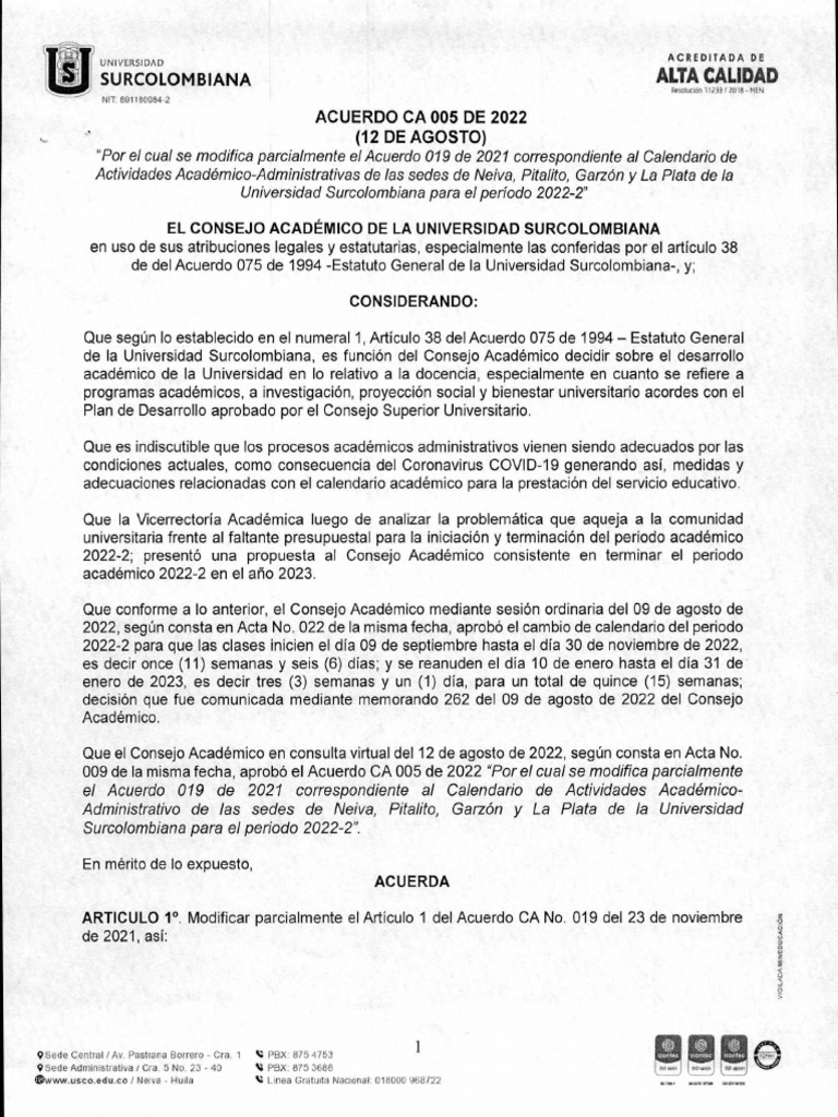Modificación Calendario Académico 2022-2 | PDF