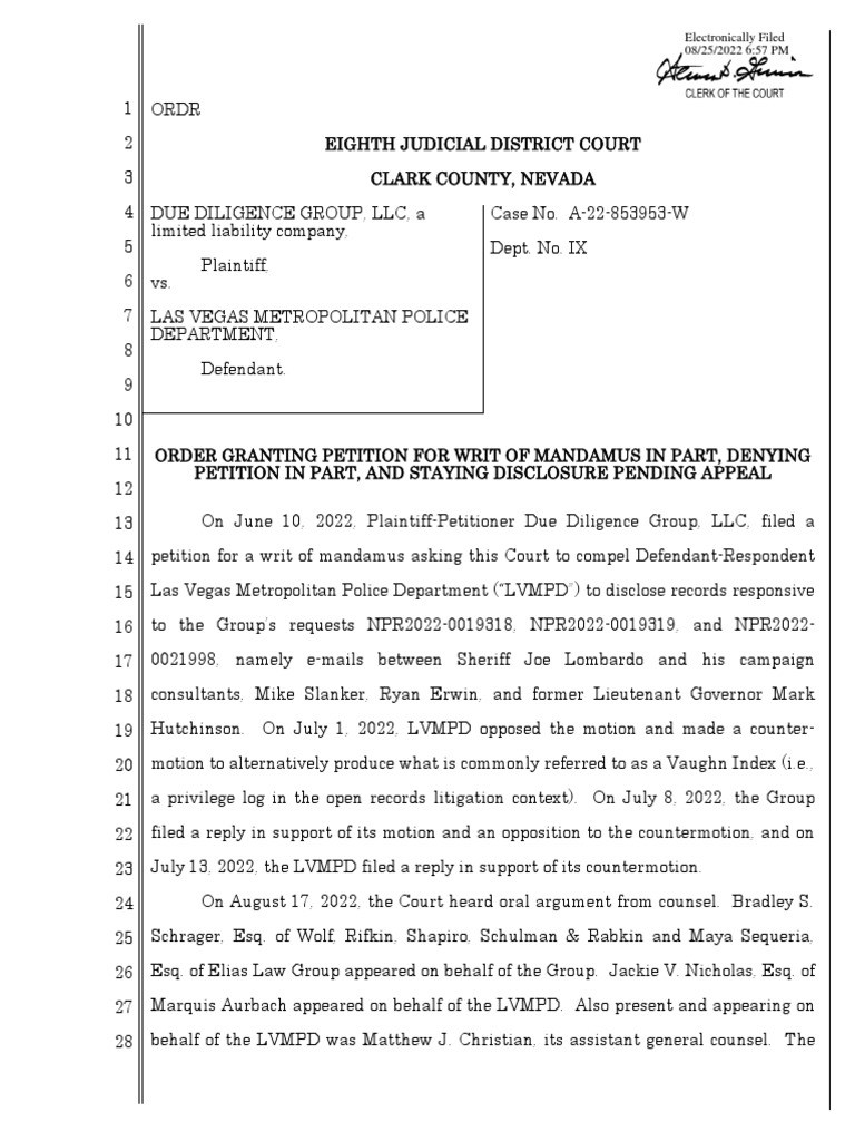Due Diligence Group LLC v. Las Vegas Metropolitan Police Dept. ORDER PDF Discovery (Law