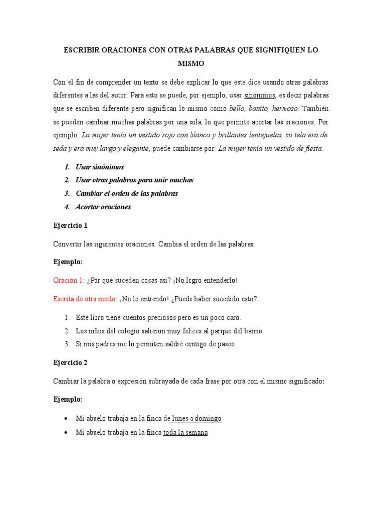 Escribir Oraciones Con Otras Palabras Que Signifiquen Lo Mismo | PDF