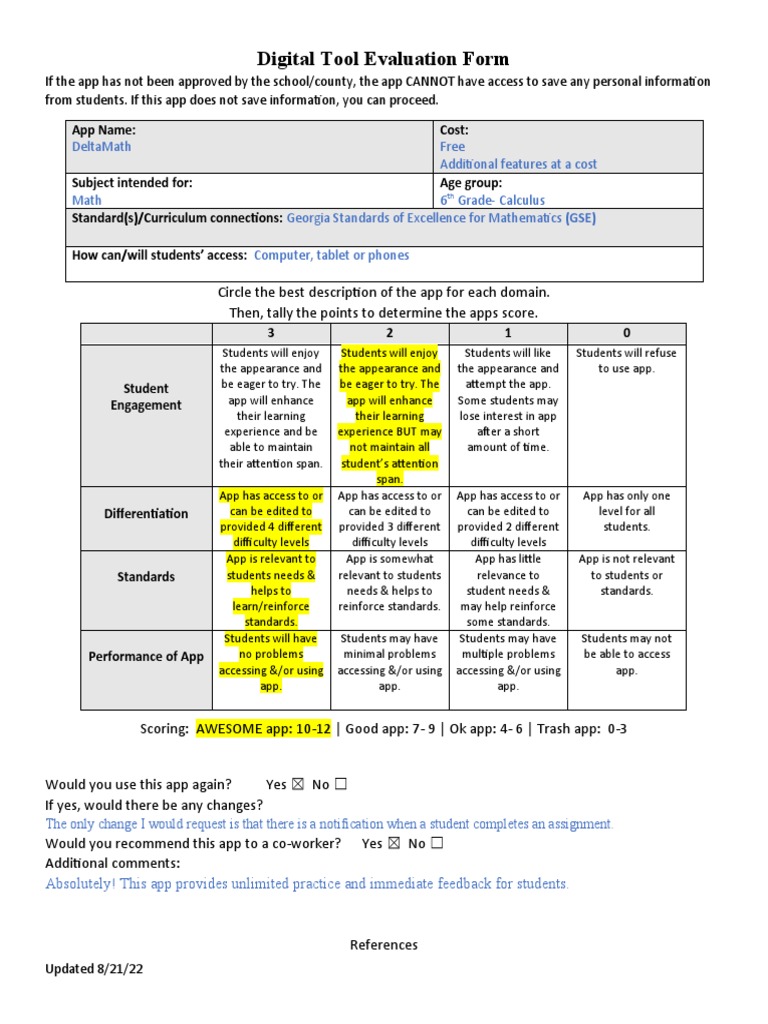 digital tool evaluation form deltamath PDF Mobile App Cognition