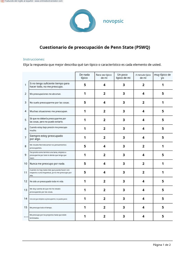Penn State Worry Questionnaire PSWQ PDF Template En es PDF