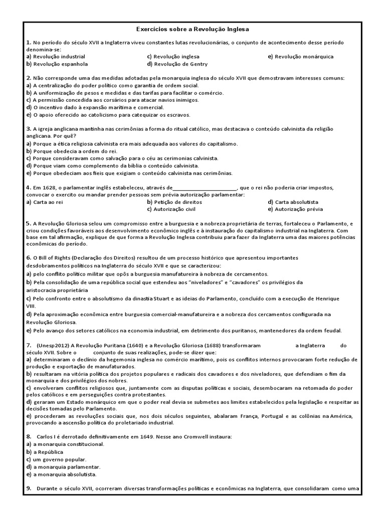 Exercícios Sobre a Revolução Inglesa | PDF | Monarquia | Revolução Francesa