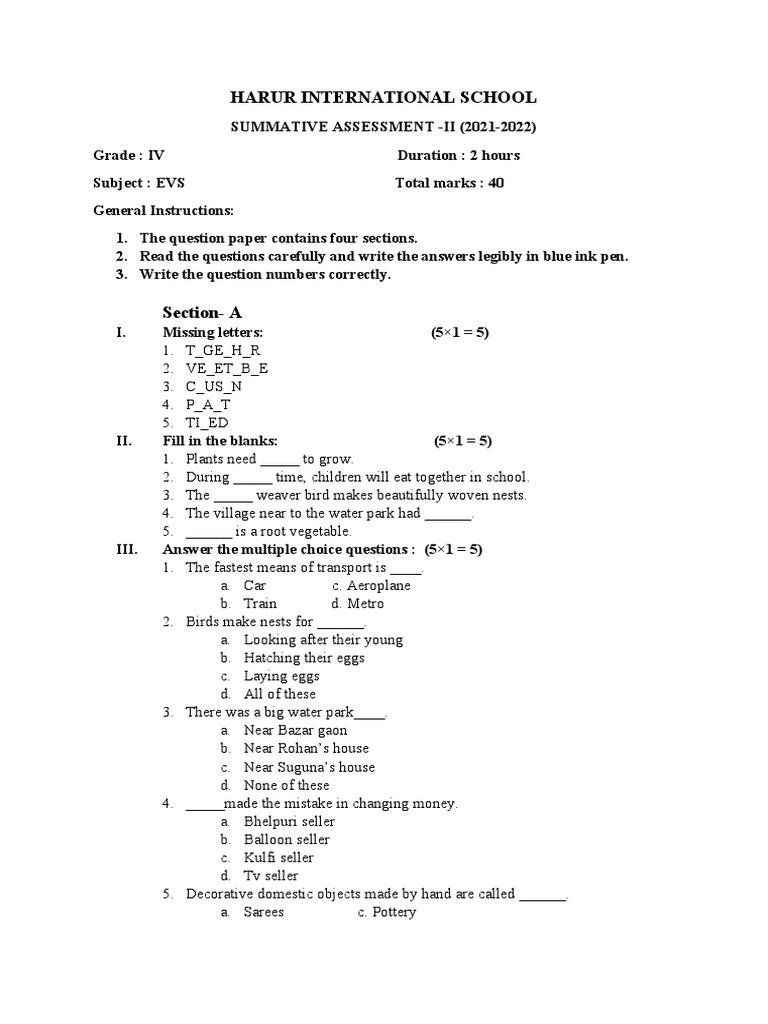 EVS Class 4 Summative Assessment II | PDF | Ornithology | Birds