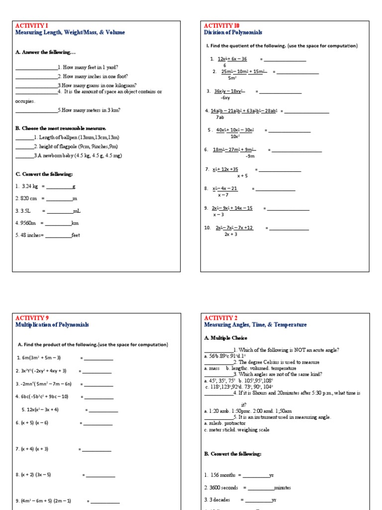Grade 7 Math Activity Sheets | PDF | Polynomial | Numbers