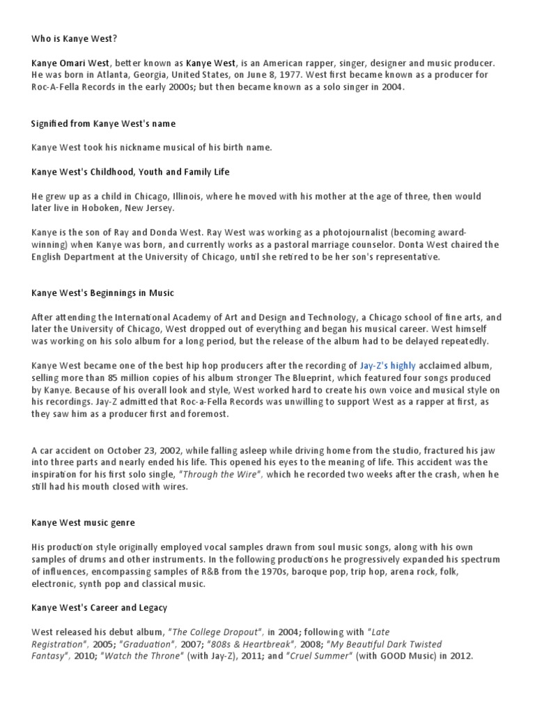 Who Is Kanye West? Kanye Omari West Kanye West | PDF | Kanye West ...