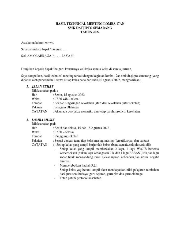 Hasil Technical Meeting Lomba 17an SMK 2022 | PDF
