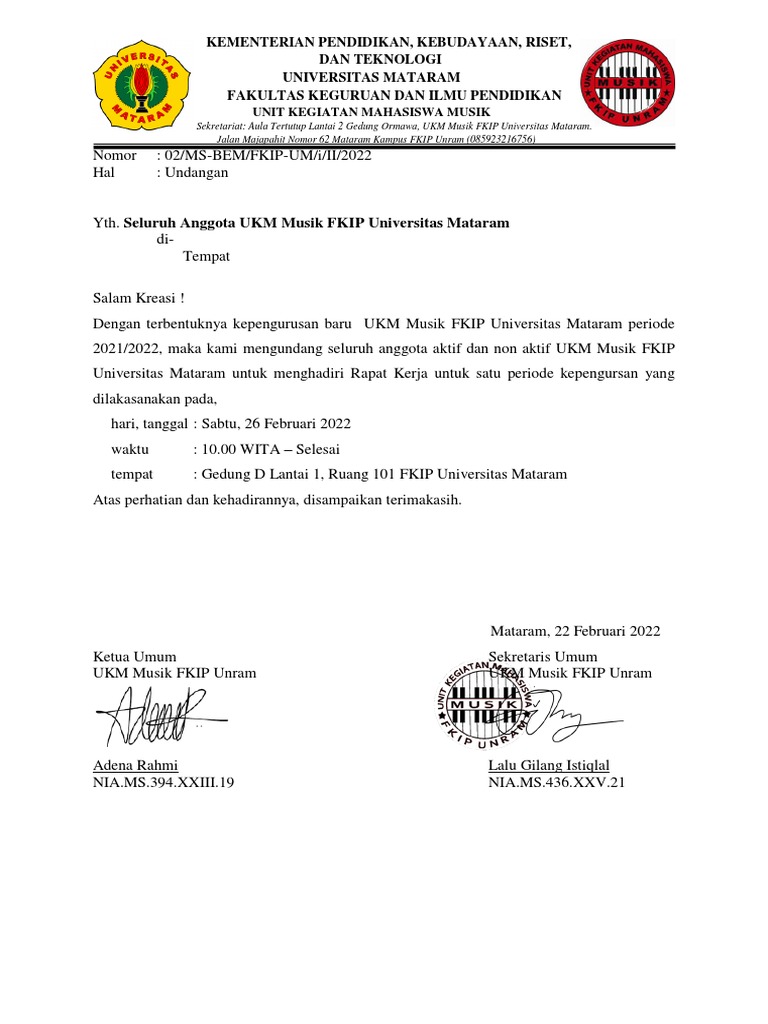 Undangan Rapat Kerja UKM Musik FKIP Unram | PDF | Sains & Matematika