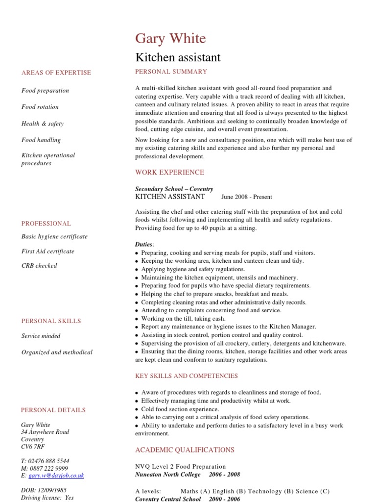 Kitchen Assistant CV Template | PDF | Chef | Kitchen
