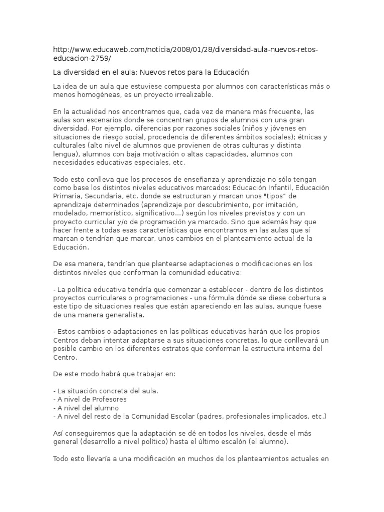 Diversidad y Retos en el Aula Actual | PDF | Aprendizaje | Maestros