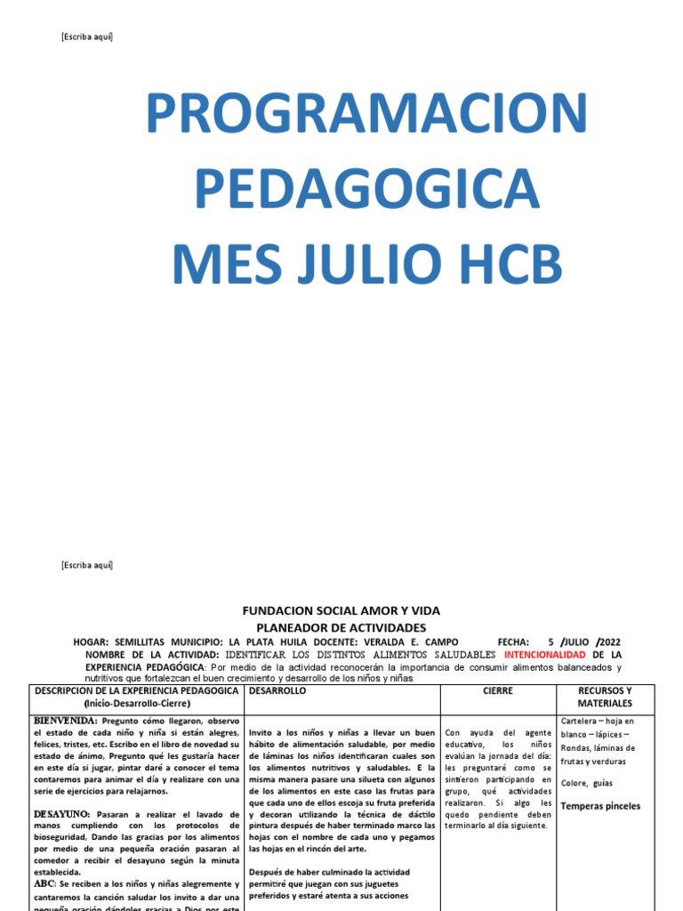 Formato de Planeacion Pedagogica Julio Semillitas | PDF | Oración | Amor