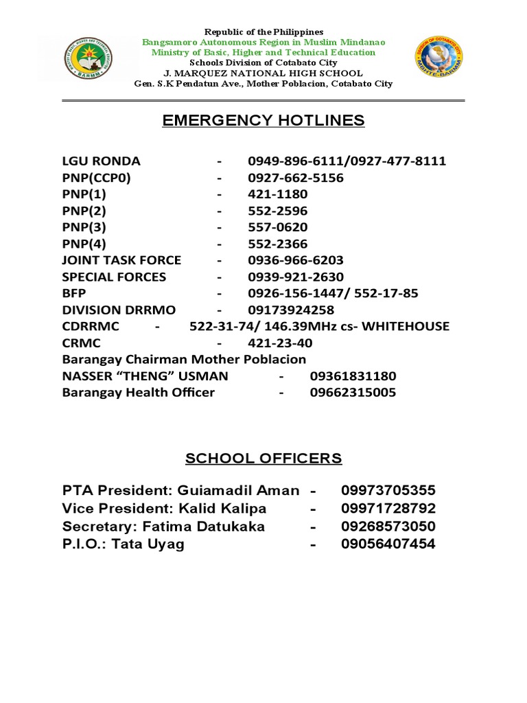 Emergency Hotlines: School Officers | PDF