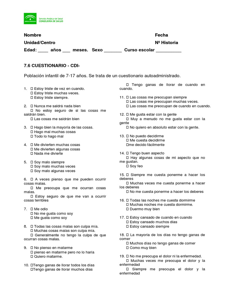 Cuestionario de Depresion Infantil CDI | PDF