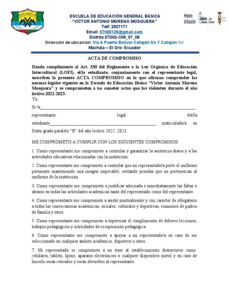 Acta de Compromiso Escolar 2022-2023 | PDF | Crecimiento personal y ...