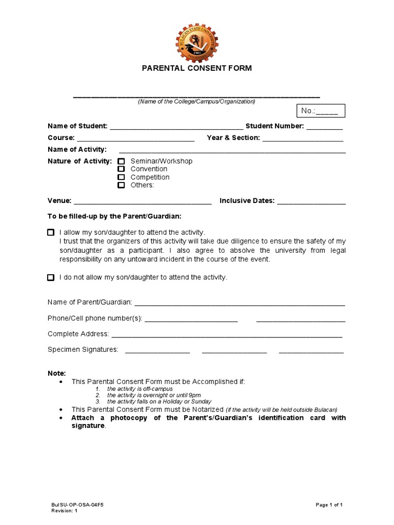 BulSU OP OSA 04F5 PARENTAL CONSENT FORM New | PDF | Career & Growth