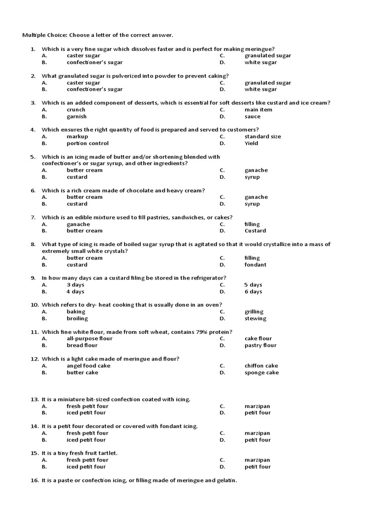Bread and Pastry Quiz PDF Cakes Custard