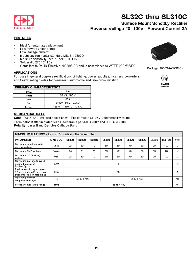 SL32C Thru SL310C: Surface Mount Schottky Rectifier Reverse Voltage 20 ...