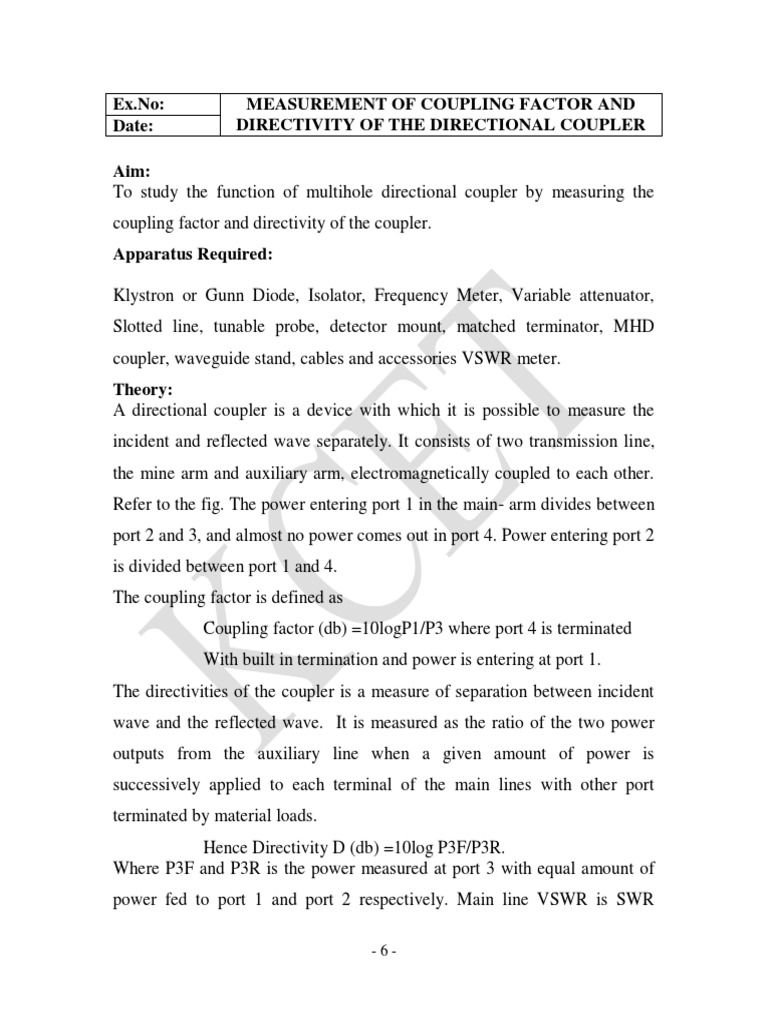 Ex No Measurement of Coupling Factor and Directivity of The